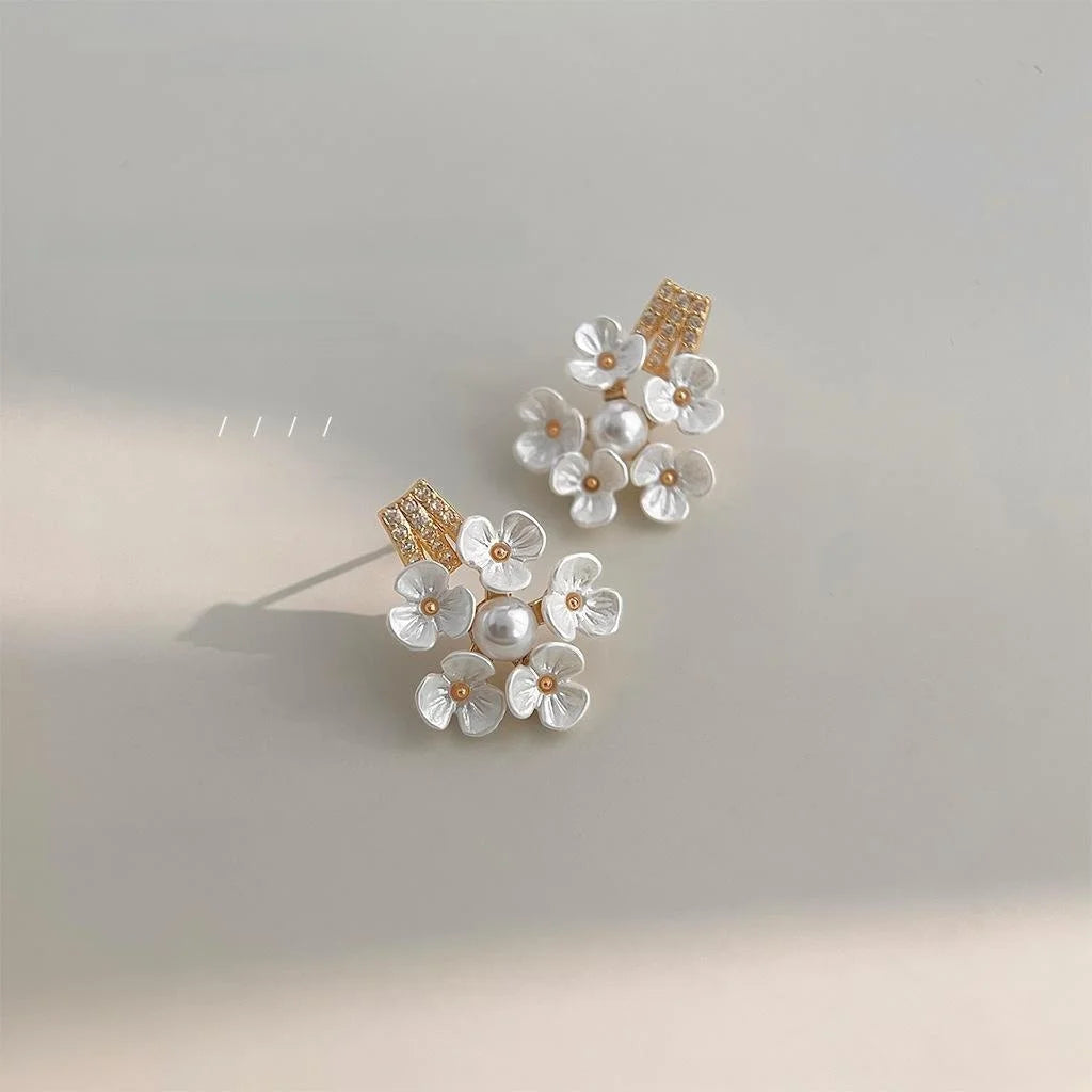 14K Gold Plated Copper Pearl Zircon Peach Blossom Stud Earrings Sweet Elegant Floral Jewelry