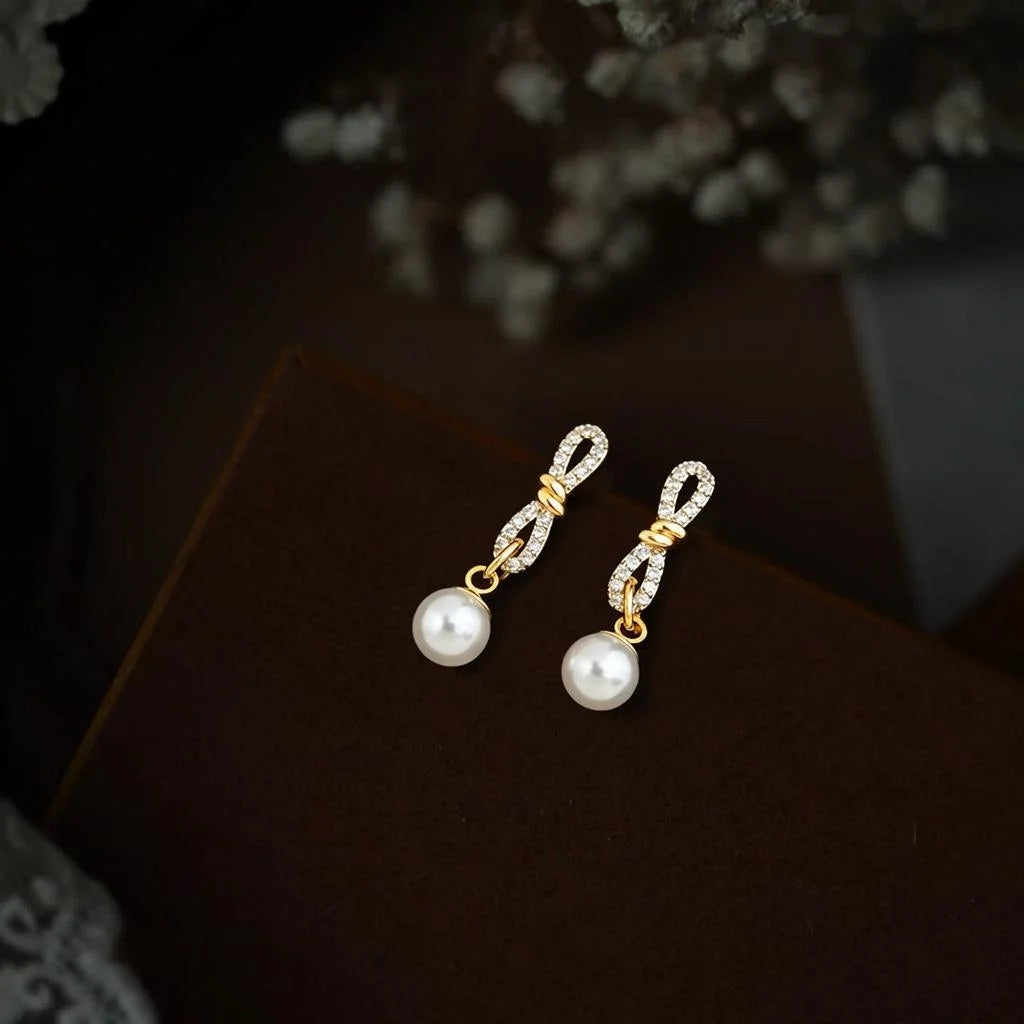 Fashion Geometric Rope Knot Pearl Stud Earrings Eco-Friendly Copper Micro Pave Zircon Silver Plated Jewelry
