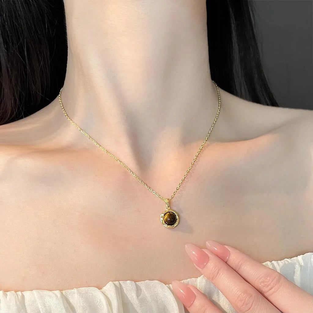 Thick 18K Real Gold Plated Tiger Eye Stone Geometric Necklace Vintage Collarbone Jewelry