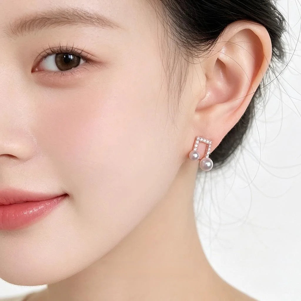 Light Luxury Geometric Music Note Micro Pave Zircon Eco Copper Stud Earrings With Silver Plated Pins