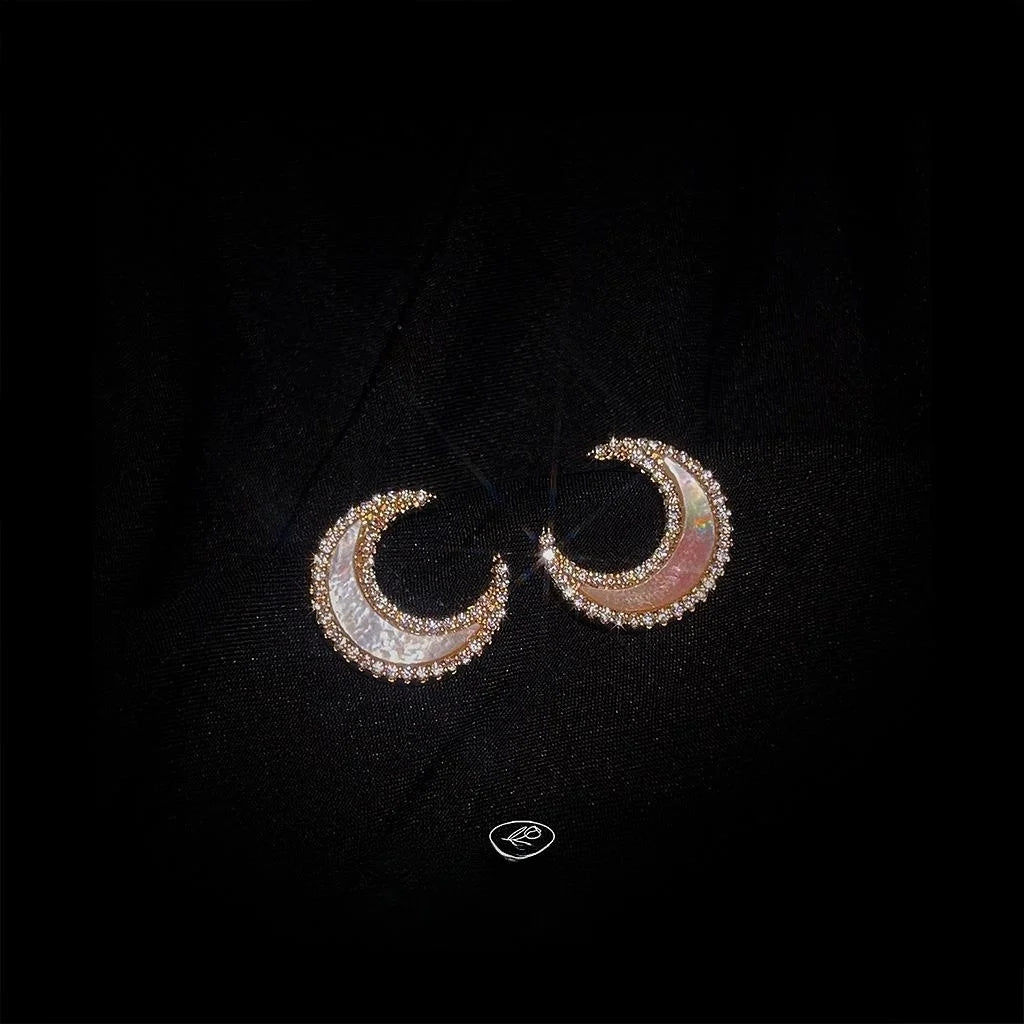 14K Gold Plated Copper Natural Shell Moon Star Micro Pave Zircon Luxury Stud Earrings