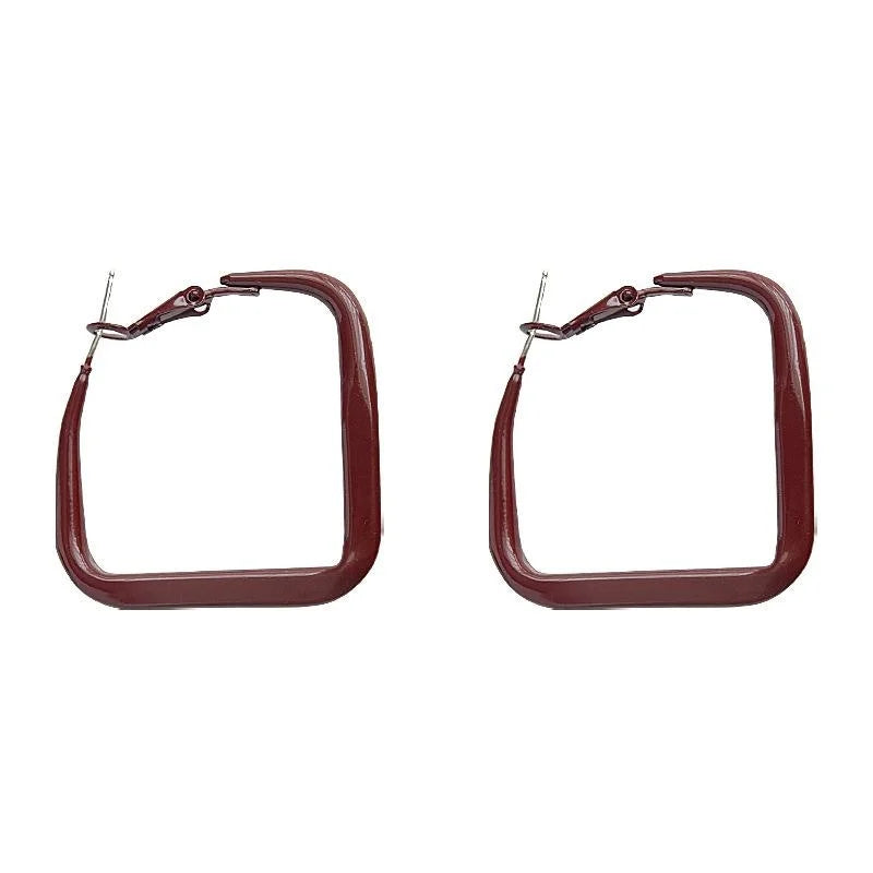 Vintage Hong Kong Style Red Enamel Geometric Square Metal Drop Earrings, Minimalist Ring Design