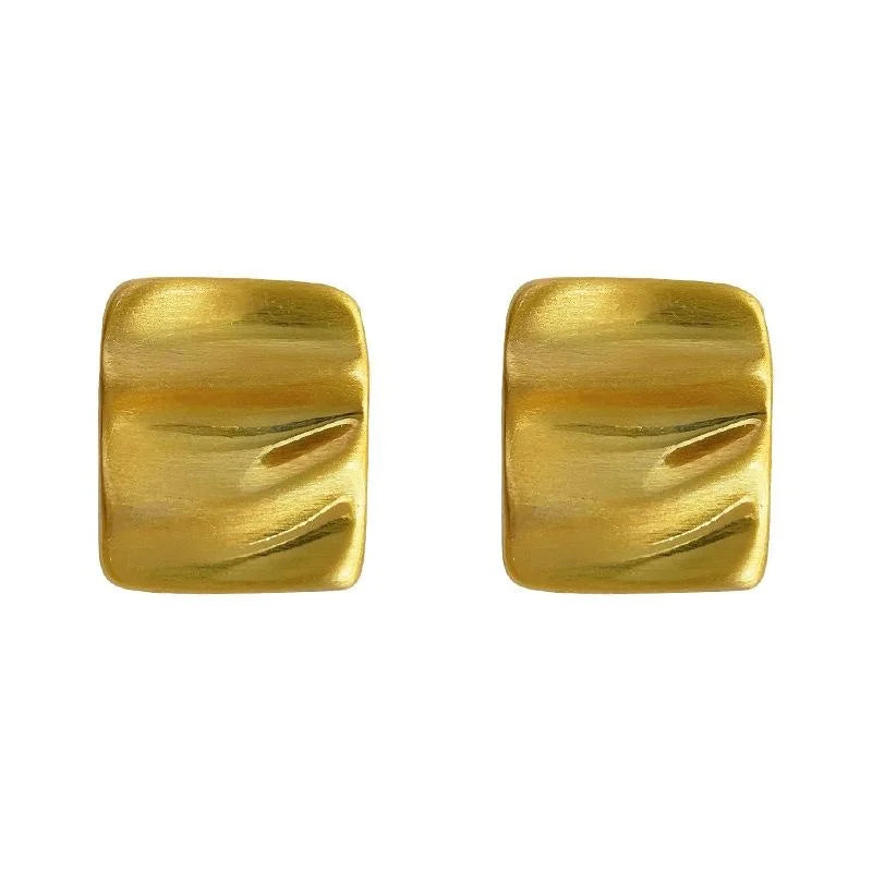 Premium 14K Gold Plated Copper Square Stud Earrings Brushed Geometric Curved Wrinkle Design