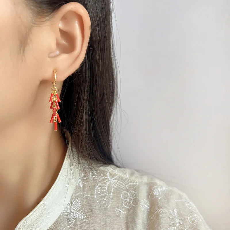Vintage Red Firecracker Tassel Alloy Enamel Stud & Clip On No Piercing Chinese New Year Earrings