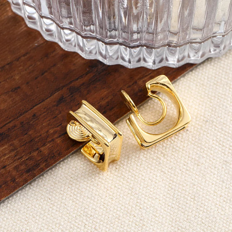 Elegant Gold Alloy Square Hoop Stud & Clip On No Piercing Minimalist Geometric Huggie Earrings