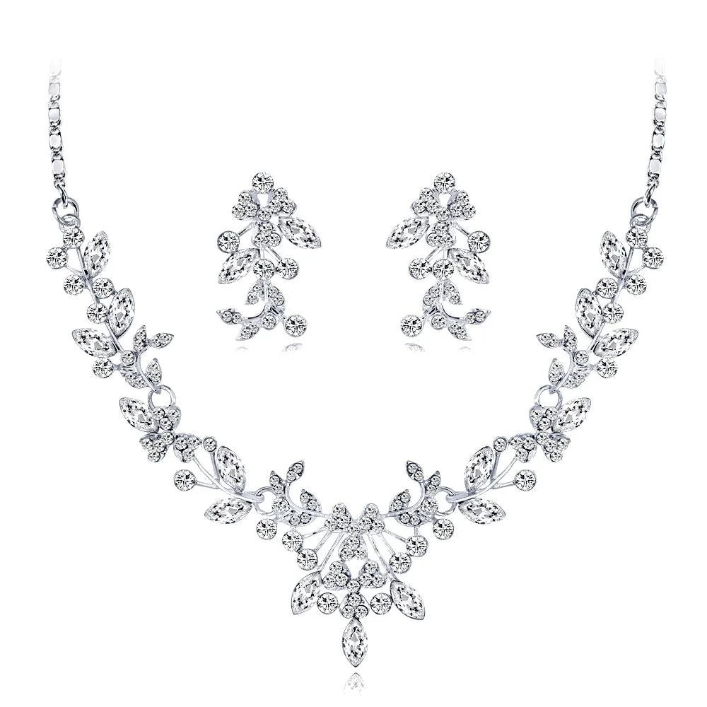 Luxury Bridal Crystal Rhinestone Floral Leaf Necklace Earrings Jewelry Set For Wedding Party Gift
