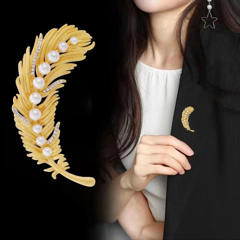 Elegant Gold Alloy Feather Brooch With Pearl And Rhinestone Accents, Luxury Lapel Pin Corsage Gift