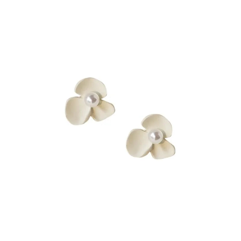 Milky White Pearl Iris Flower Stud Earrings Eco Alloy Silver Plated Korean Style Jewelry