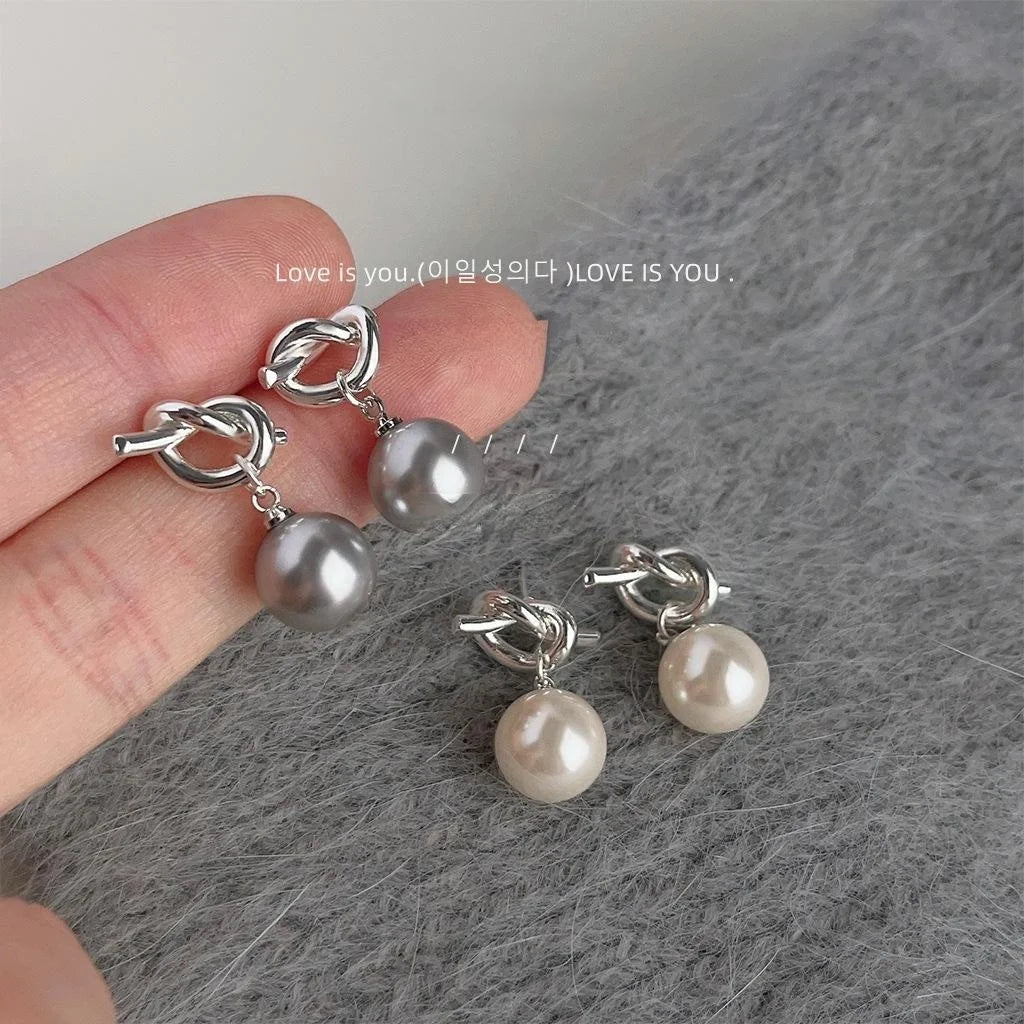 Luxury Minimalist Gray Pearl Knot Copper Drop Earrings Geometric Hoop Style