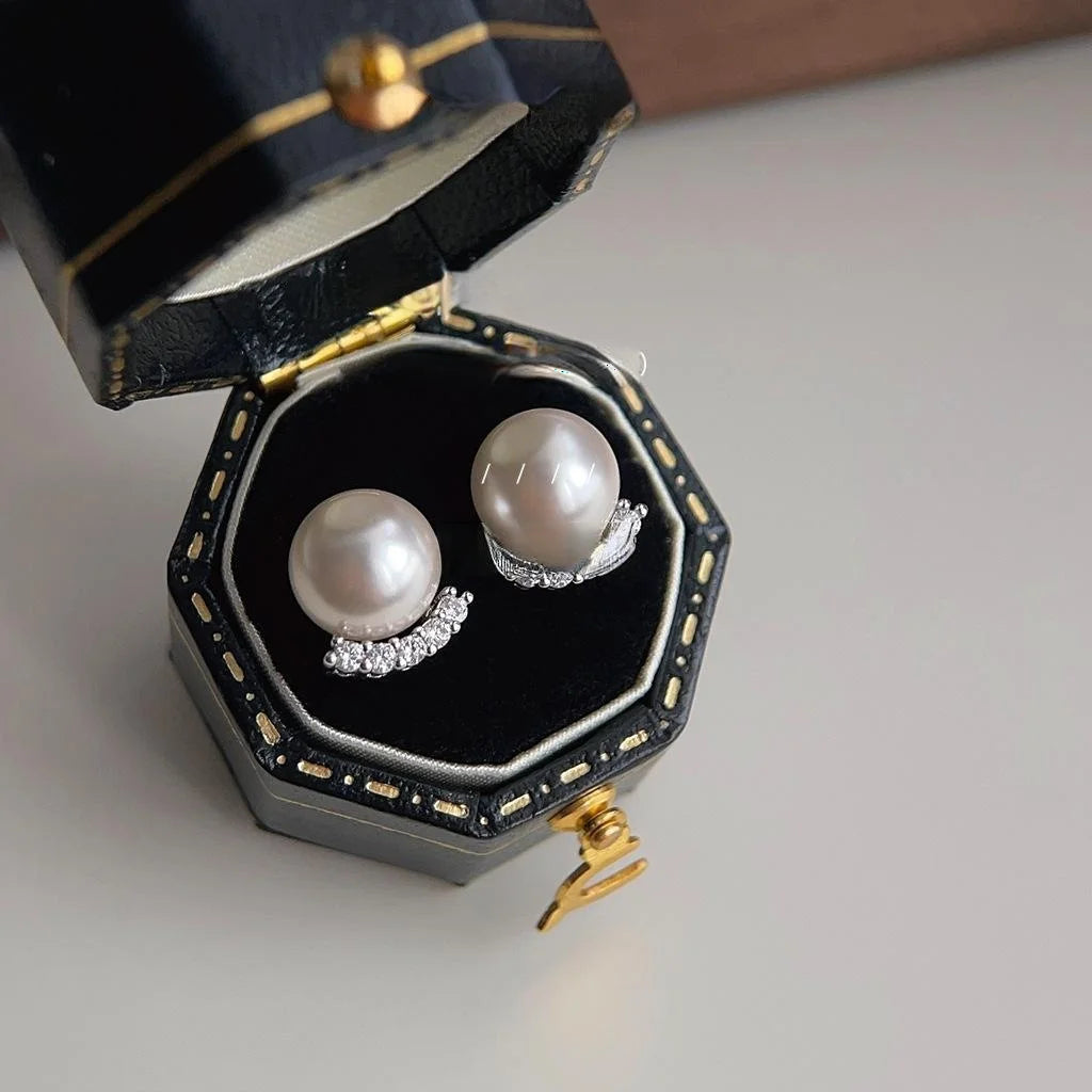 Retro Round Glass Pearl Zircon Micro Pave Copper Stud Earrings For Elegant Office Wear