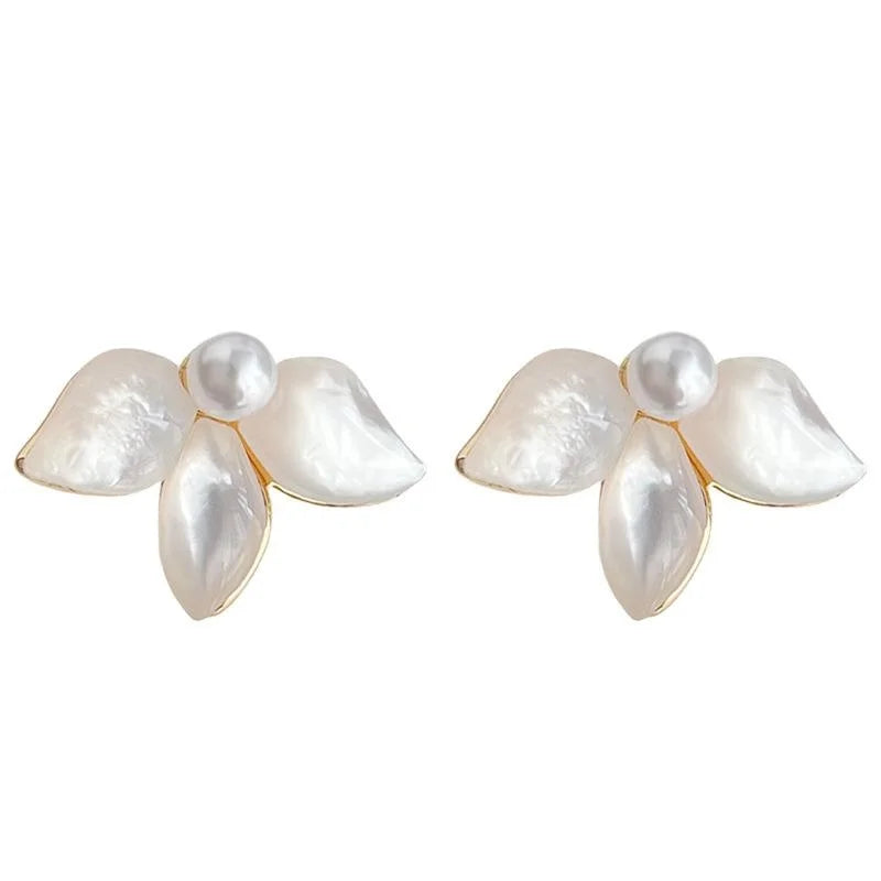 14K Gold Plated Copper Real Shell Iris Flower Leaf Stud Earrings Elegant Light Luxury Jewelry