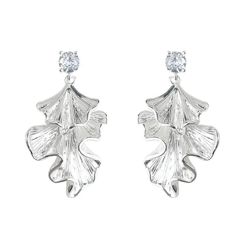 French Elegant Copper Zircon Ginkgo Leaf Pleated Tassel Drop Earrings Luxury Geometric Jewelry