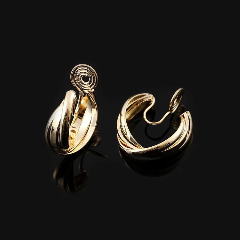 Vintage Gold Alloy Twisted Hoop Circle Stud & Clip On No Piercing Minimalist Metal Earrings