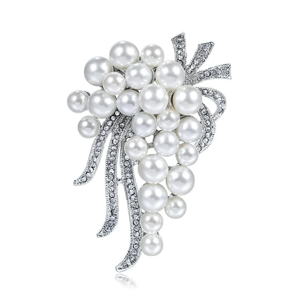 Elegant White Pearl Flower Bouquet Brooch With Rhinestone Alloy Branches, Luxury Lapel Pin Gift