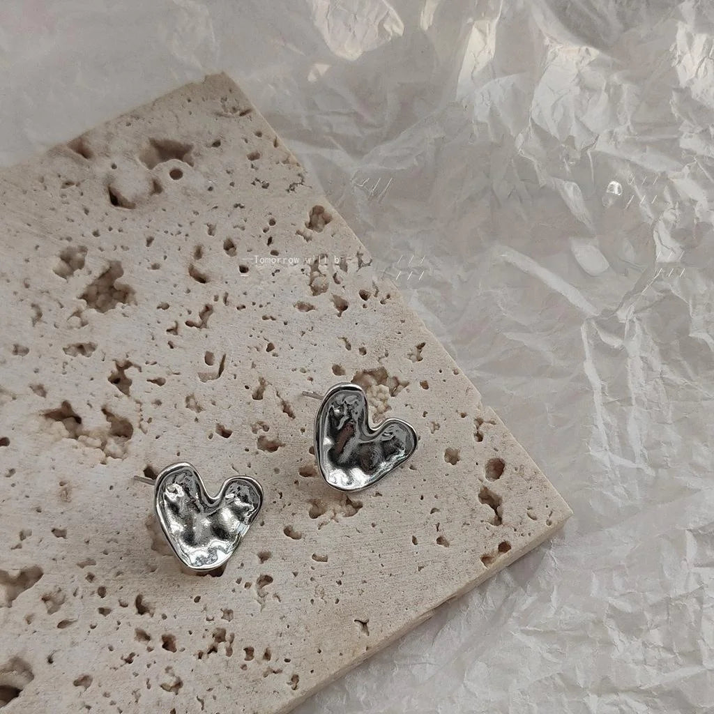 Liquid Metal Silver Plated Copper Heart Stud Earrings, Minimalist Korean Style Jewelry
