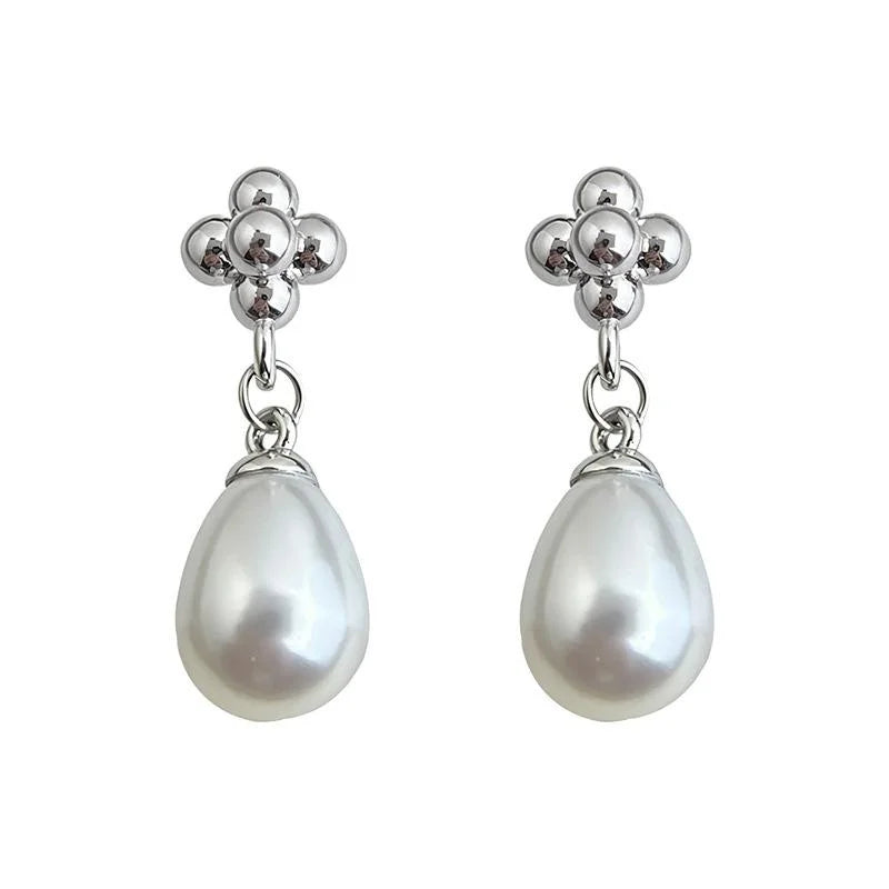High-End Creative Pearl Teardrop Geometric Copper Drop Earrings With Silver Plated Pins