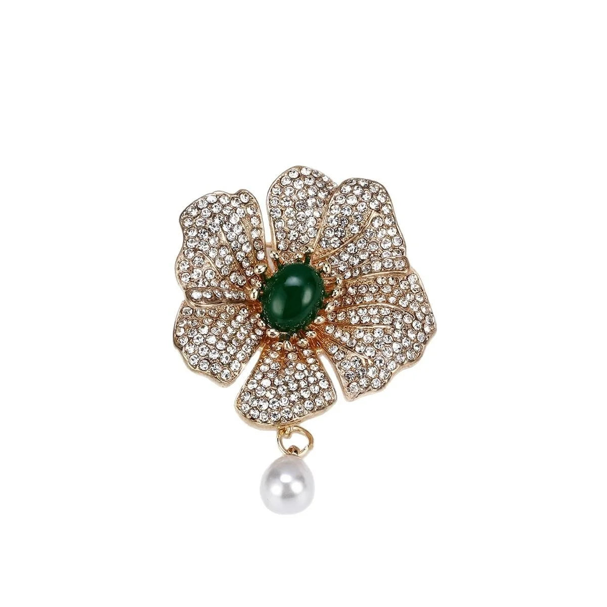 Luxury Rhinestone Camellia Flower Brooch With Green Stone And Pearl Drop, Elegant Lapel Pin Suit Accessory