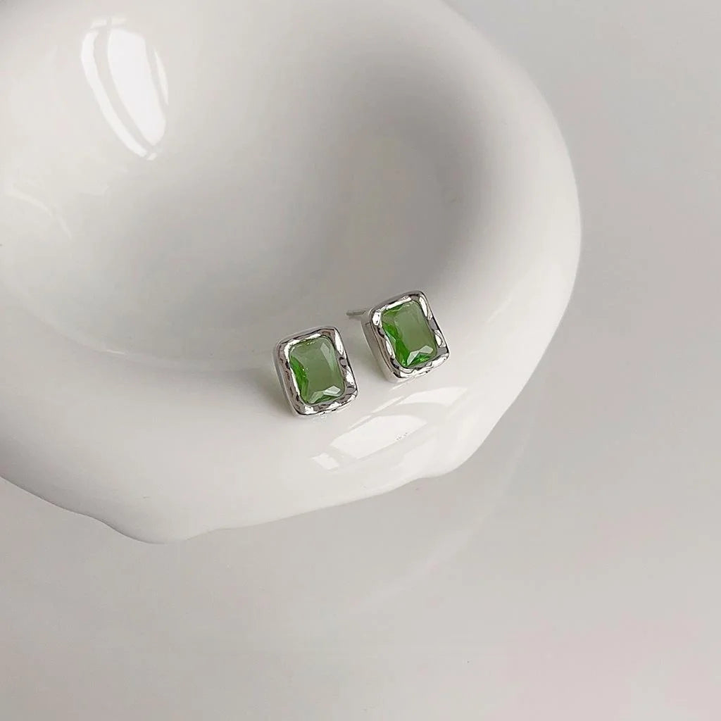 Icy Green Zircon Micro Pave Copper Stud Earrings, Geometric Square Minimalist Luxury Office Jewelry