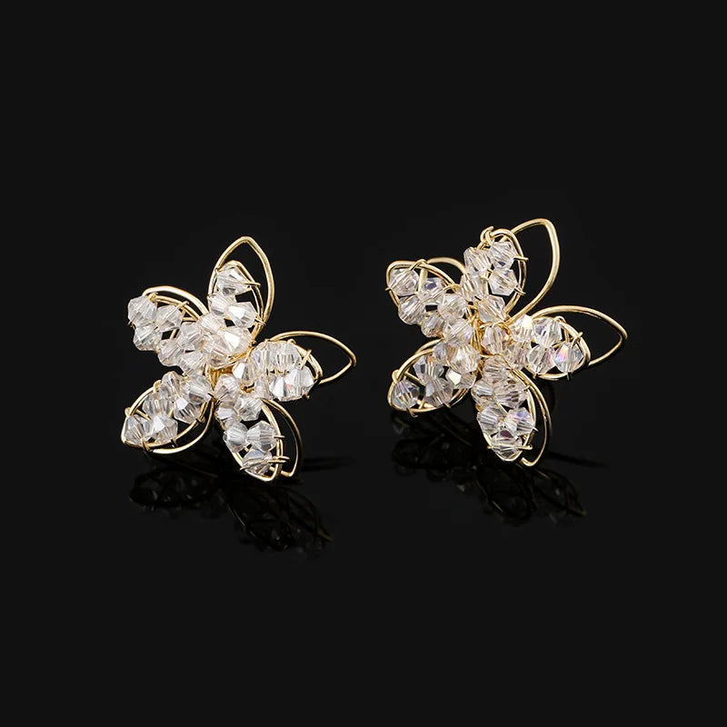 Elegant Daisy Flower Crystal Alloy Wire Stud & Clip On No Piercing French Forest Style Earrings