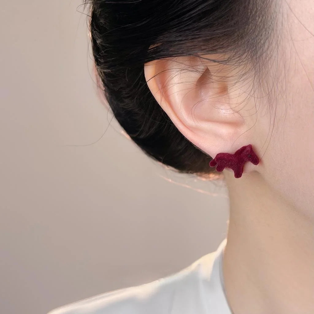 Burgundy Flocked Horse Stud Earrings, Hepburn Style Animal Zodiac Jewelry