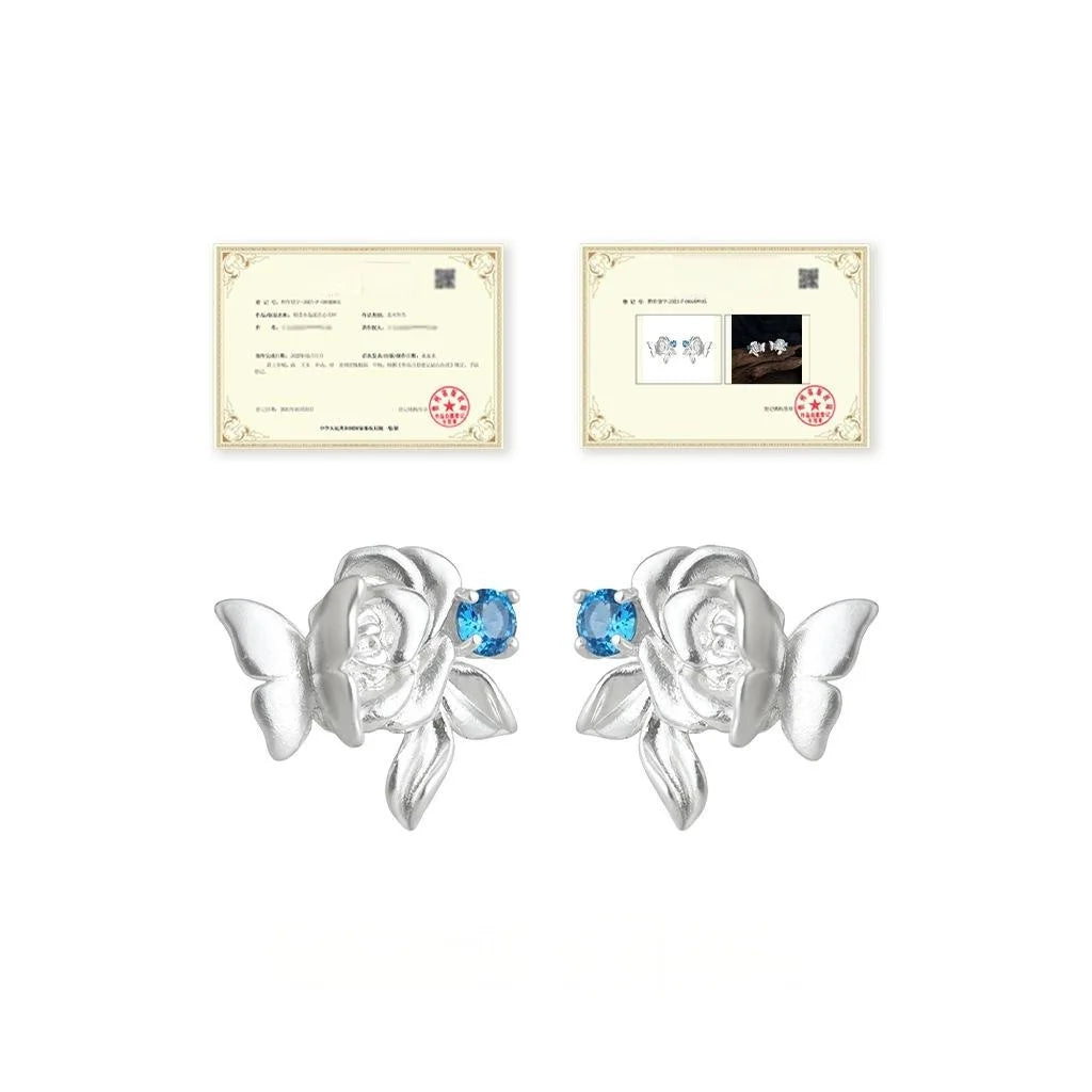 Copper Zircon Matte Butterfly Rose Flower New Chinese Style Stud Earrings