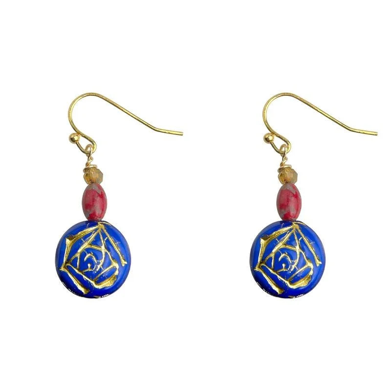 Vintage New Chinese Style Blue Glass Crystal Rose Geometric Round Drop Earrings