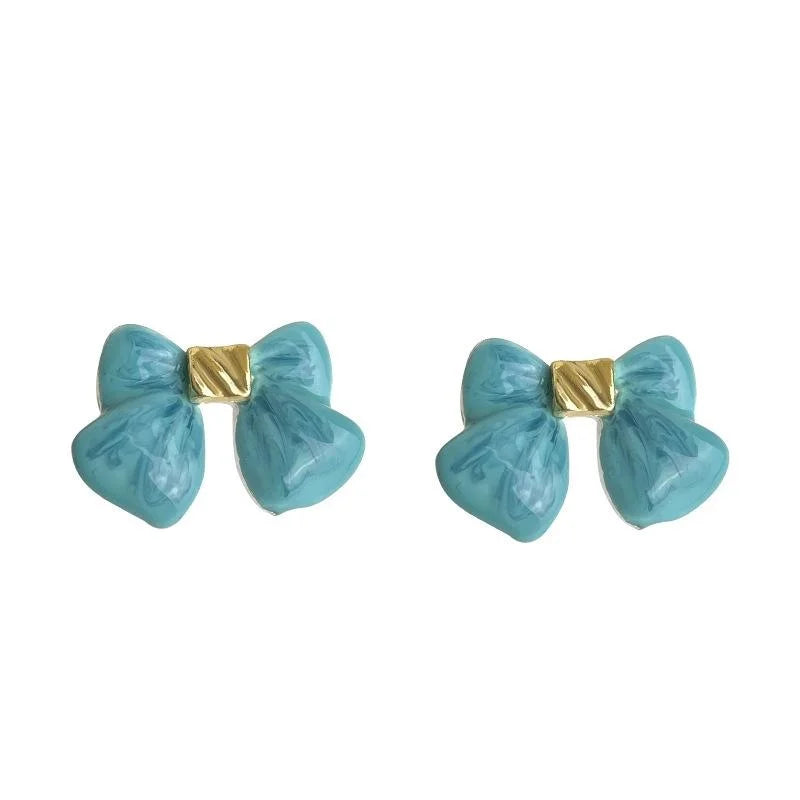 Fresh Sweet Sea Blue Bow Alloy Handmade Enamel Stud Earrings Elegant Summer Jewelry
