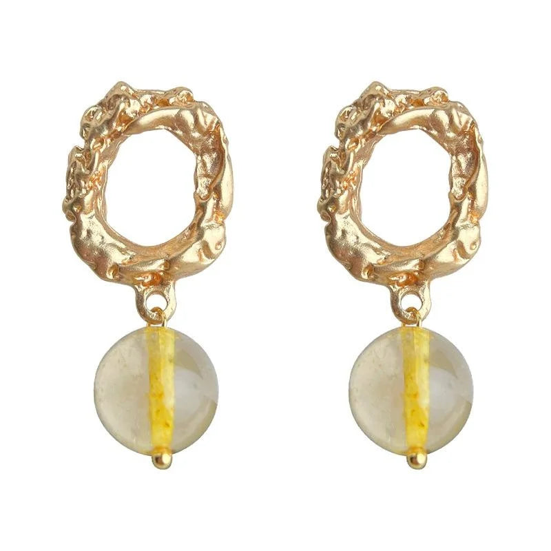 French Vintage Matte Gold Plated Natural Citrine Crystal Geometric Hoop Drop Earrings