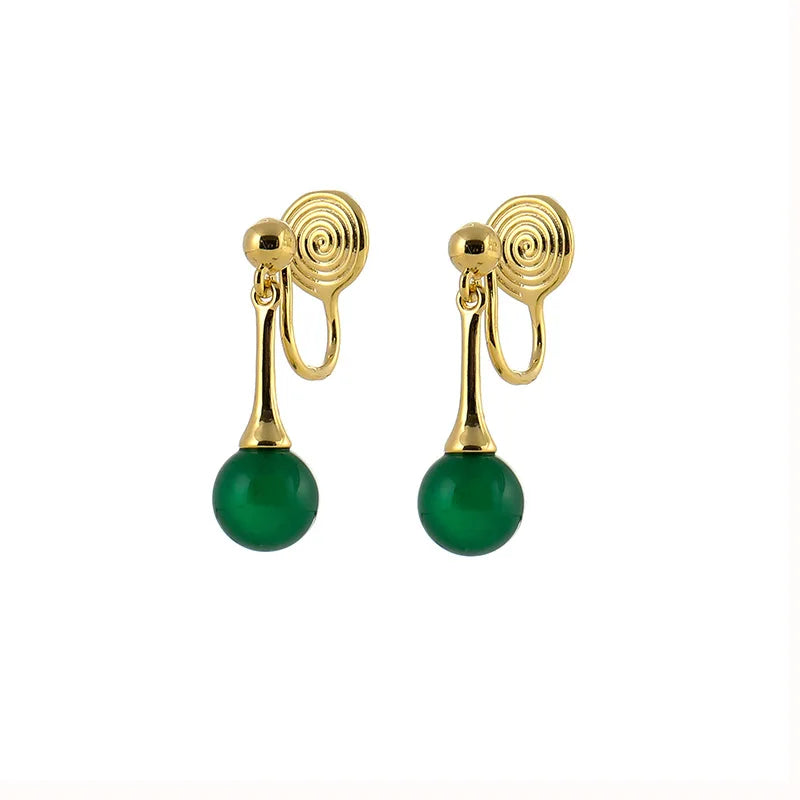 Vintage Green Agate Bead Spiral Disc Alloy Stud & Clip On No Piercing Chinese Style Drop Earrings