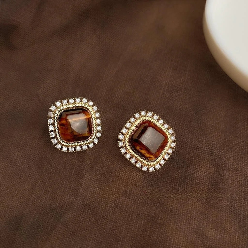 Vintage Maillard Tiger Eye Stone Micro Pave Zircon Geometric Square Stud Earrings
