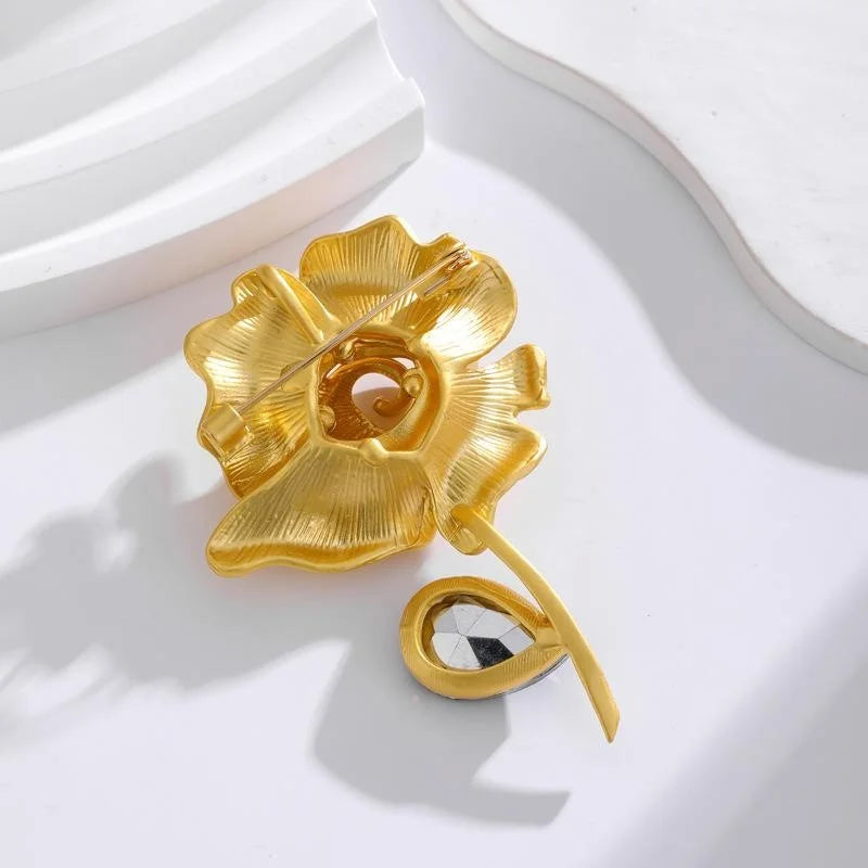 Vintage Gold Alloy Rose Flower Brooch With Rhinestone Petals And Red Crystal Drop, Elegant Lapel Pin Gift