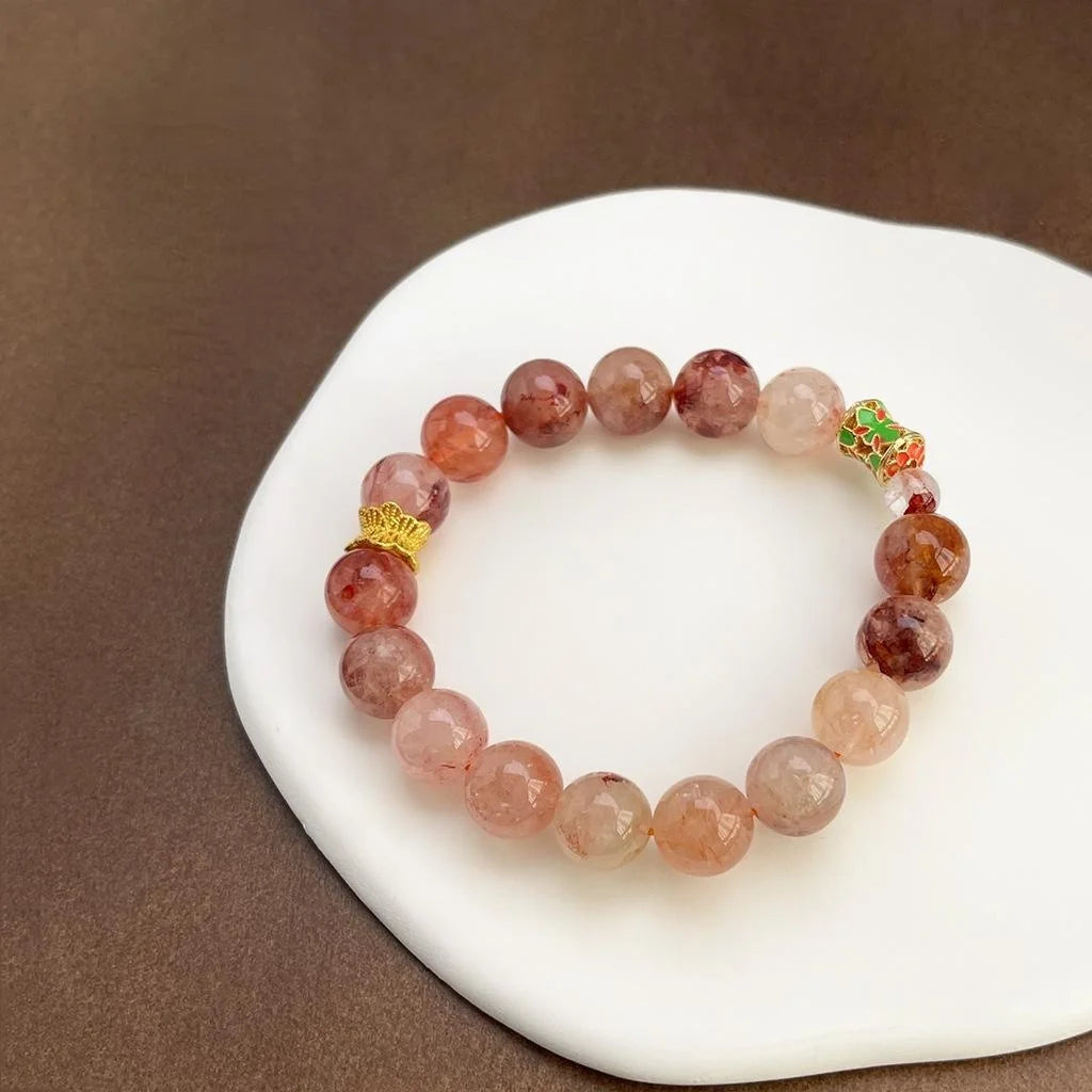 Natural Red Garden Quartz Crystal Beaded Bracelet Light Luxury Geometric Round Stone Jewelry