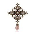 Vintage Baroque Cross Brooch With Rhinestones And Pink Pearl Drop, Elegant Alloy Lapel Pin Suit Accessory
