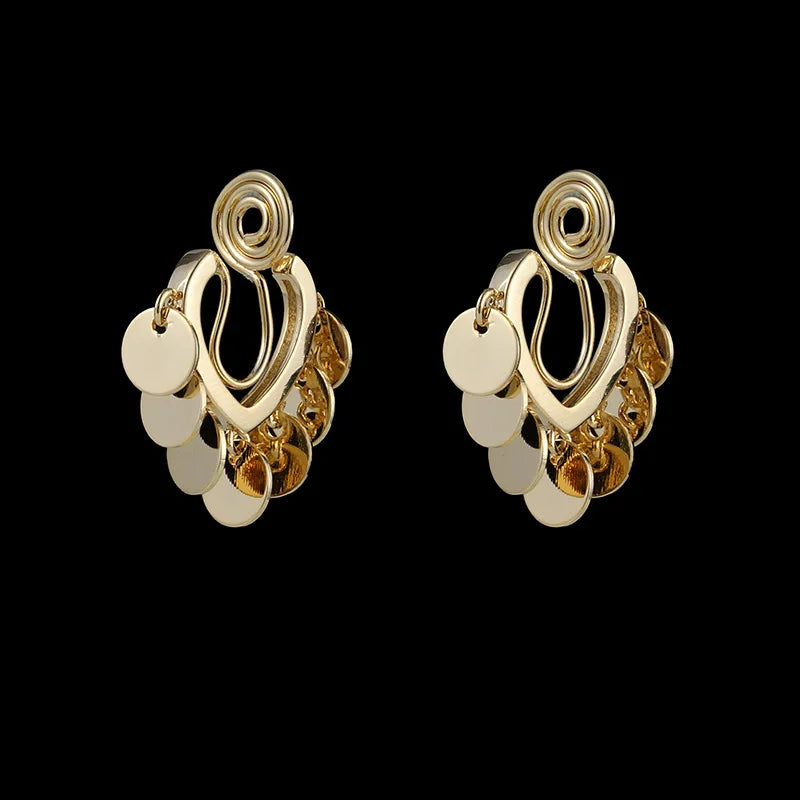 Elegant Luxury Gold Alloy Spiral Heart Disc Tassel Stud & Clip On No Piercing Drop Earrings