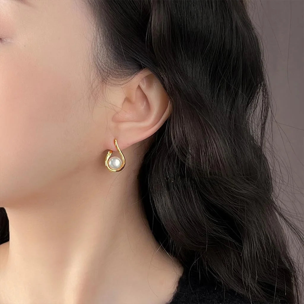 14K Gold Plated Copper Freshwater Pearl Teardrop Drop Earrings Elegant Minimalist Geometric Jewelry