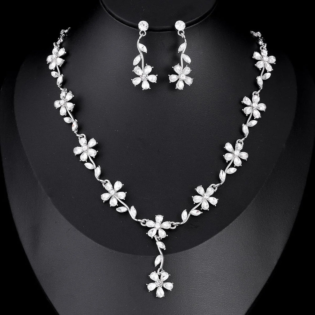Luxury Floral Zircon Jewelry Set Elegant Silver Tone Necklace Earrings For Wedding Party Banquet Gift
