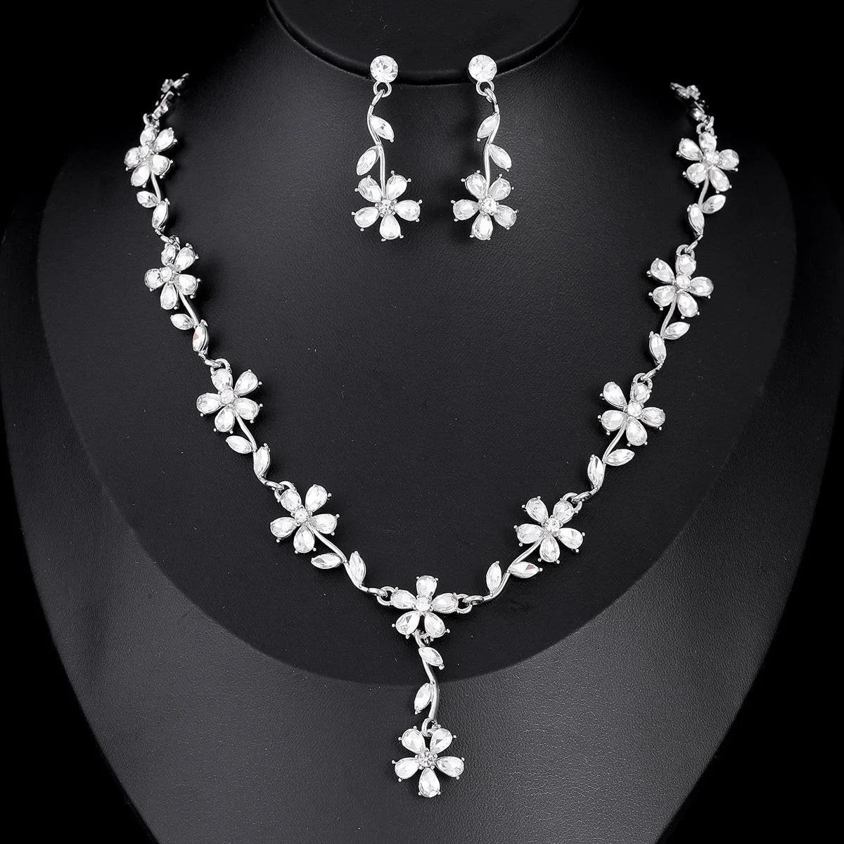 Luxury Floral Zircon Jewelry Set Elegant Silver Tone Necklace Earrings For Wedding Party Banquet Gift