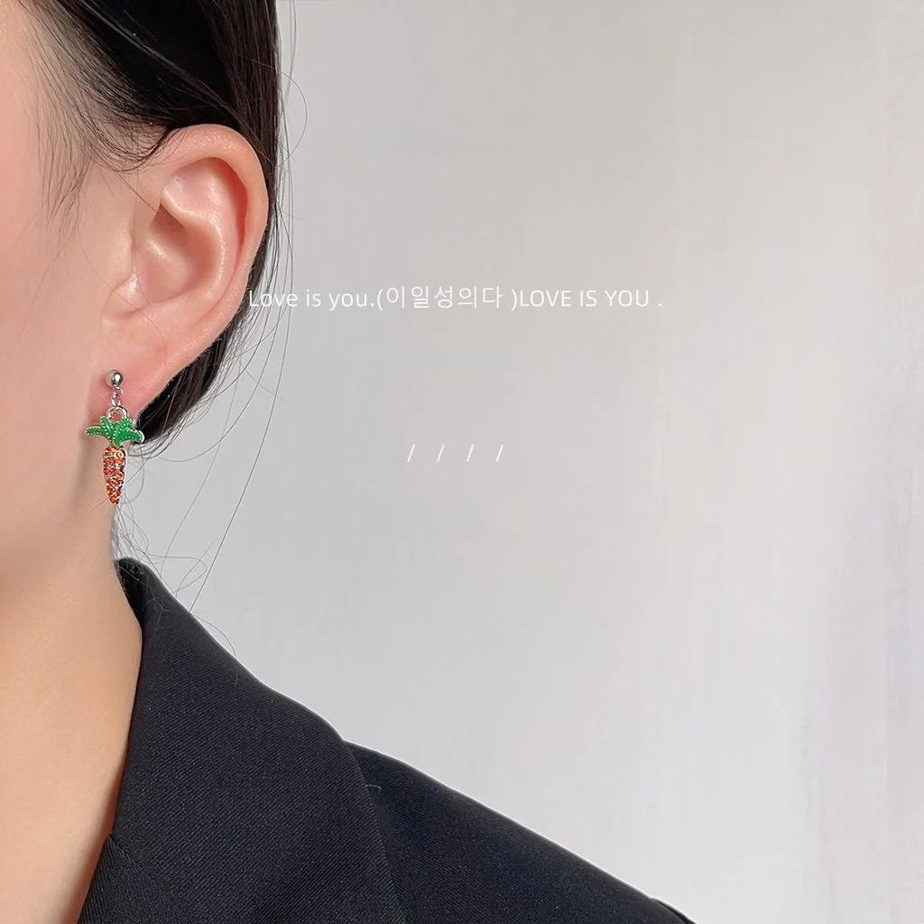 Cute Rabbit Carrot Asymmetric Stud Earrings Silver Plated Copper Cartoon Fresh Style Jewelry