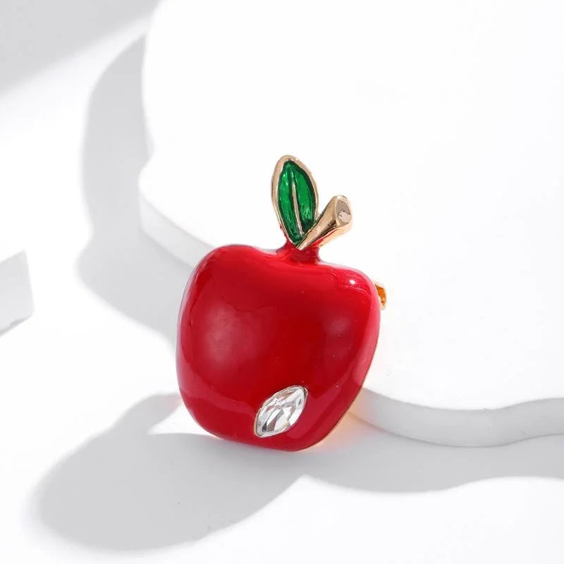 Cute Red Apple Enamel Alloy Brooch With Rhinestone Accent, 3D Fruit Lapel Pin Suit Accessory Gift