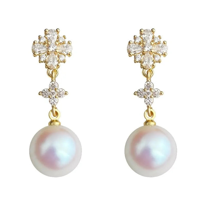 14K Plated Copper Pearl Drop Earrings With Micro Pave Zircon Floral Petal Luxury Design