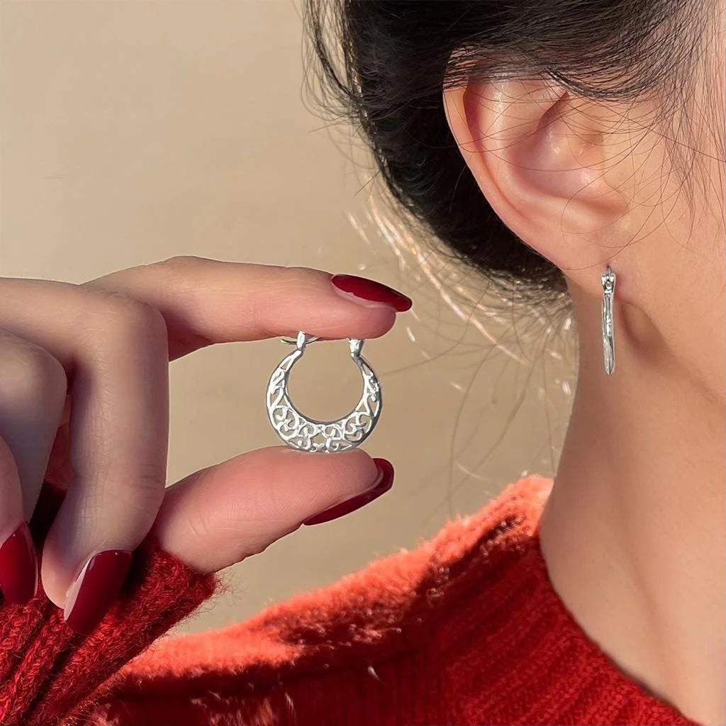 Silver Tone Copper Hollow Geometric Round U Shaped Stud Earrings New Chinese Ethnic Style