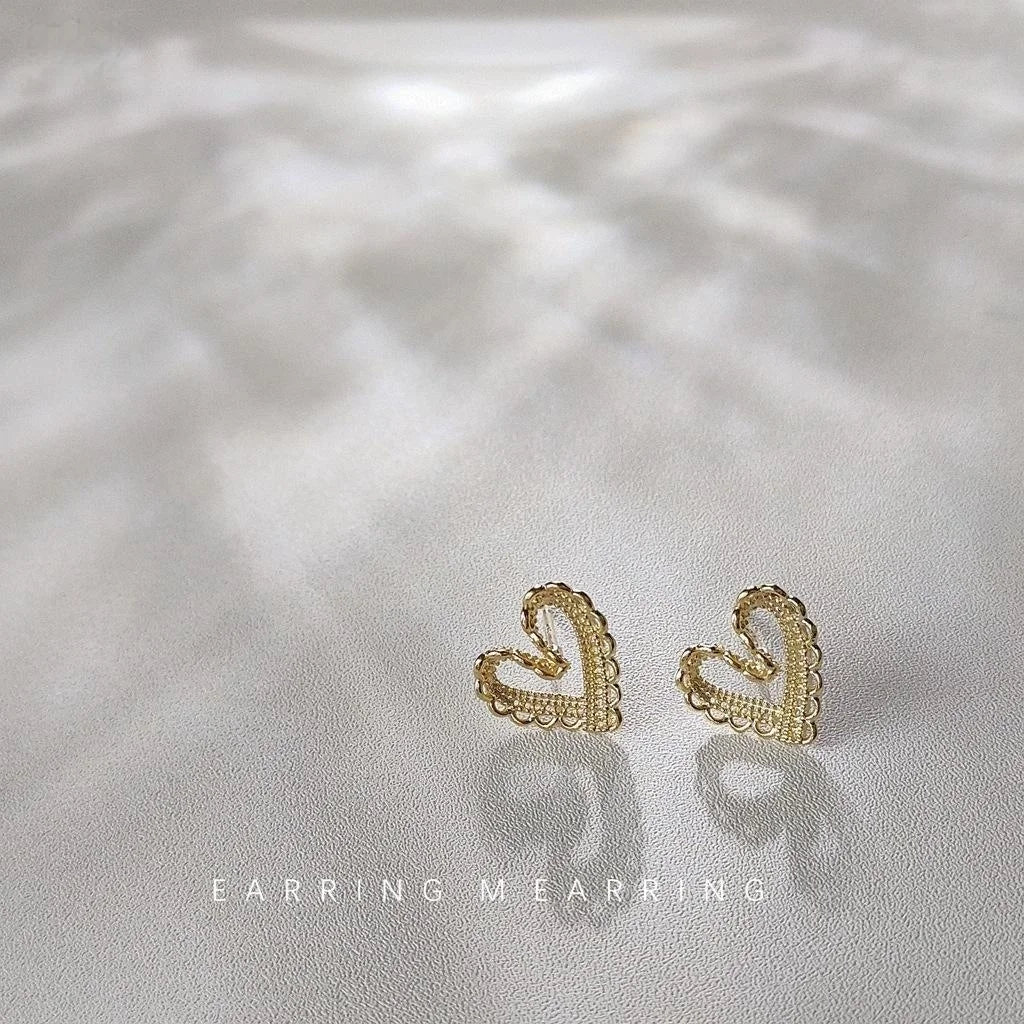 Fresh Sweet Lace Hollow Heart Stud Earrings 14K Plated Copper Korean Style