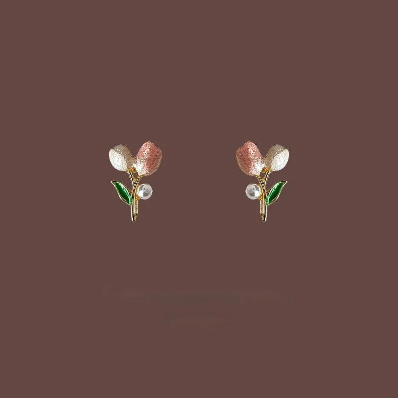 Sweet Pink Enamel Tulip Flower Copper Stud Earrings, Two Tone Elegant Cute Daily Jewelry