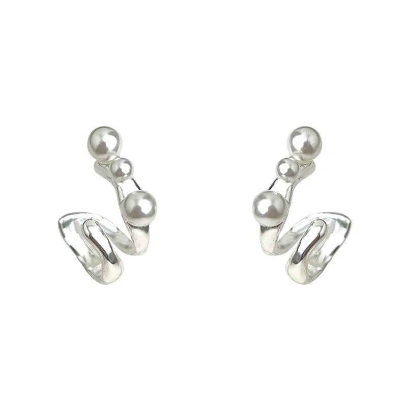 Sweet Cool Copper Wave Geometric Pearl Stud Earrings With Silver Plated Pins