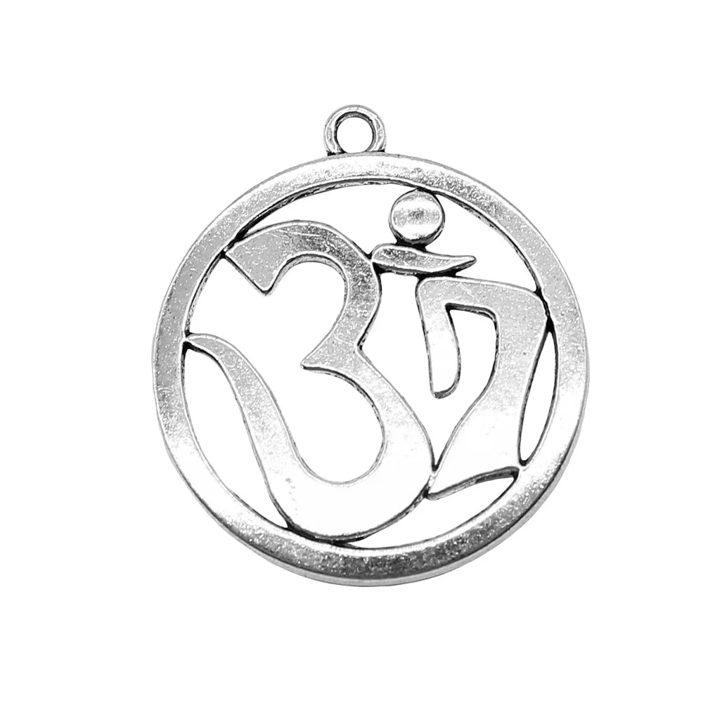 32x36mm 4g Antique Silver Zinc Alloy Round OM Symbol Charm Pendant for DIY Jewelry Making