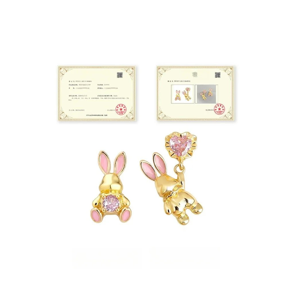 Cute Asymmetric Rabbit Drop Earrings With Zircon Inlay, Enamel Copper
