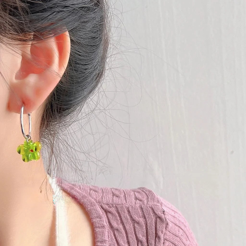 French Style Glass Liuli Flower Stud Earrings, Silver Plated Copper Summer Jewelry