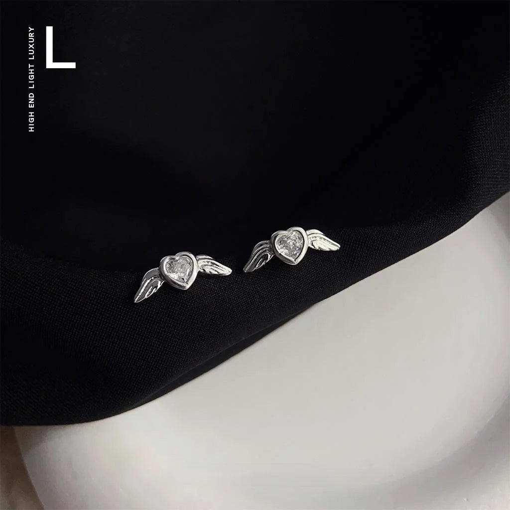 Minimalist Copper Micro Pave Zircon Heart Angel Wing Stud Earrings For Women