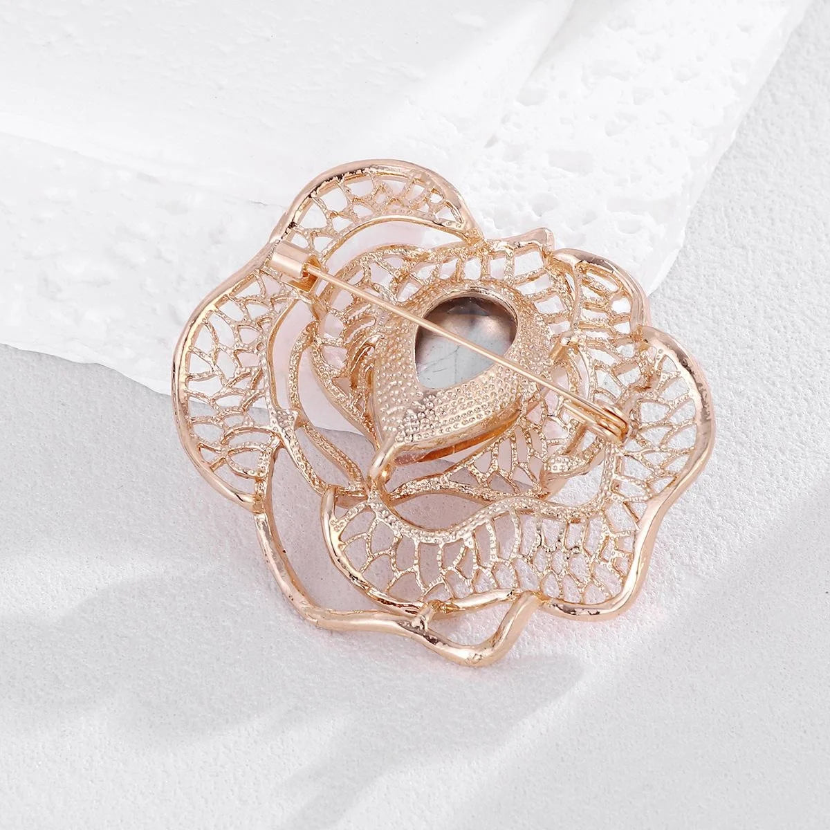 Elegant Camellia Flower Brooch With Teardrop Zircon And Rhinestones, Rose Gold Alloy Lapel Pin Gift