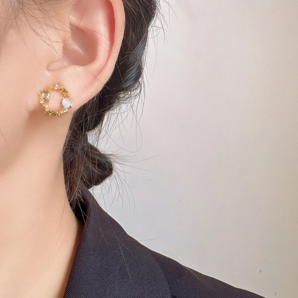 Elegant Green Cat Eye Crystal Wreath Hoop Stud & Clip On No Piercing Gold Alloy Fairy Earrings